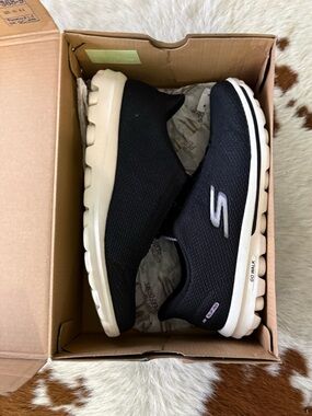 Skechers Black Knit Slip-On GOwalk Sneakers with White Sole